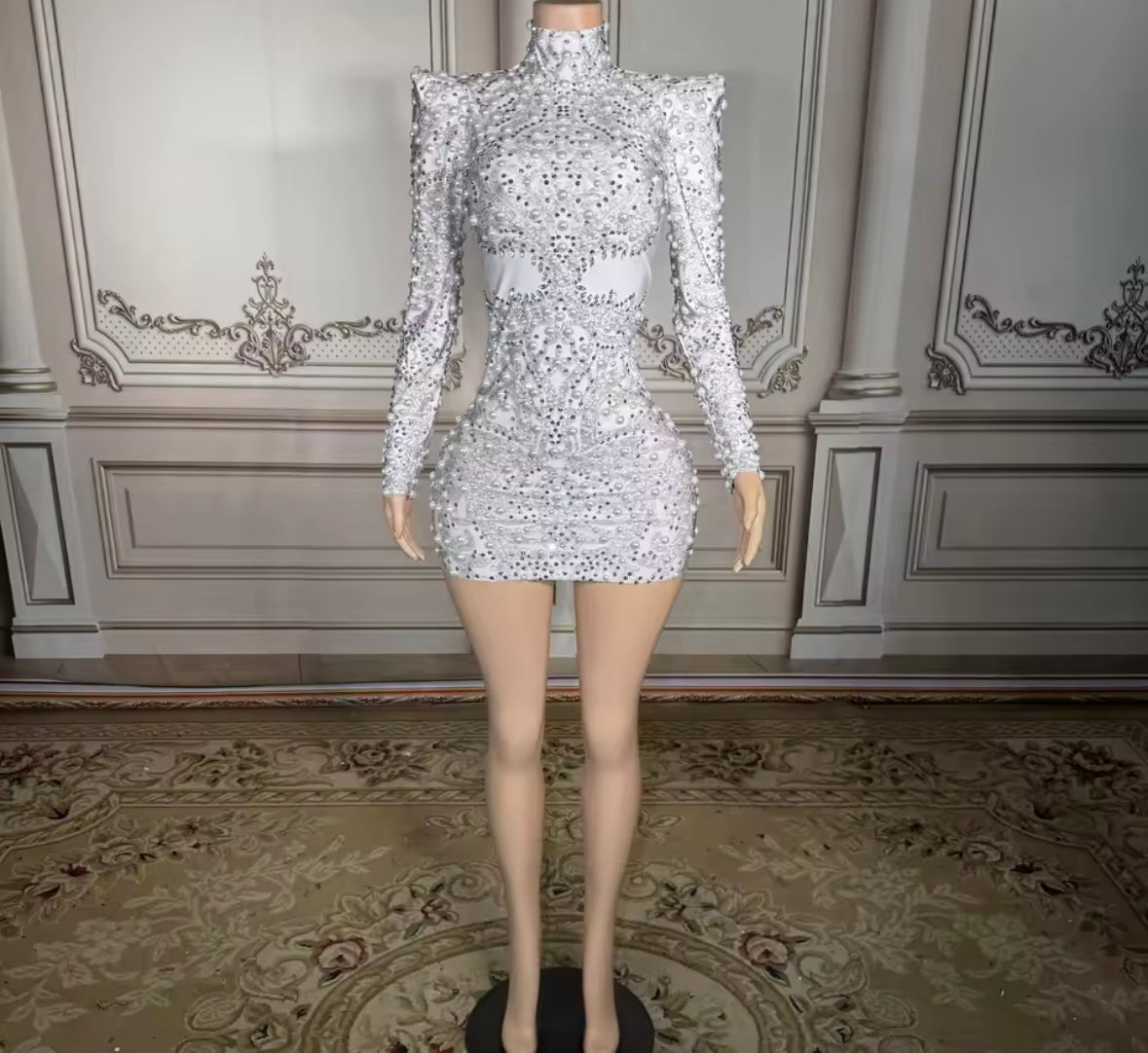 Women White Sexy Beaded Rhinestone Full Sleeve Dress