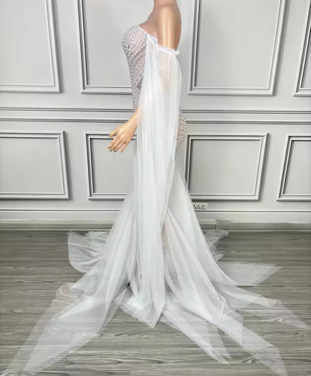 Sexy Strapless Beaded See Through Floor-Length Dress