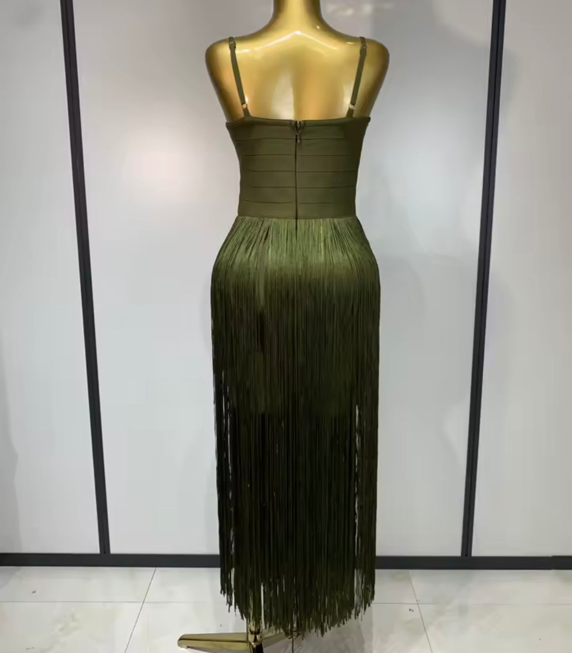 Women Green Sleeveless Fringe Tassel Sexy Maxi Dress