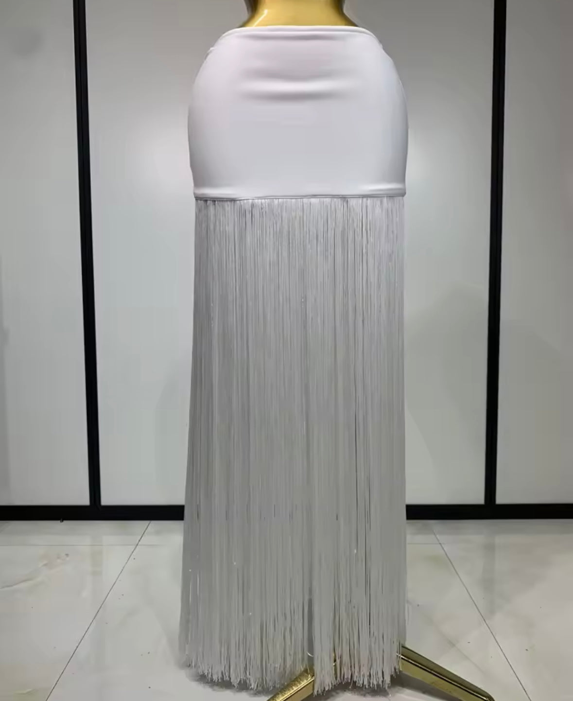 White Sexy Fringe Tassel Full Sleeve Maxi Skirt Set