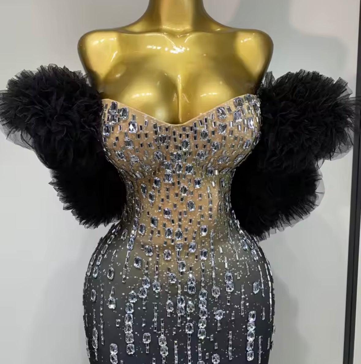 Black Rhinestone Embellishment Strapless Ruffle Floor-Length Dress