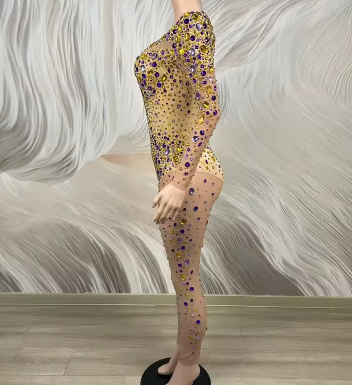 Sexy Color Rhinestone Full Sleeve See Through Jumpsuit