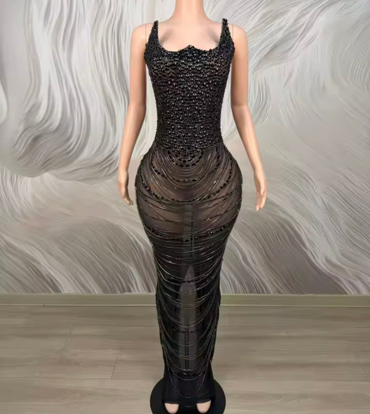 Sexy Rhinestone Strapless Chain Tassel Maxi Dress