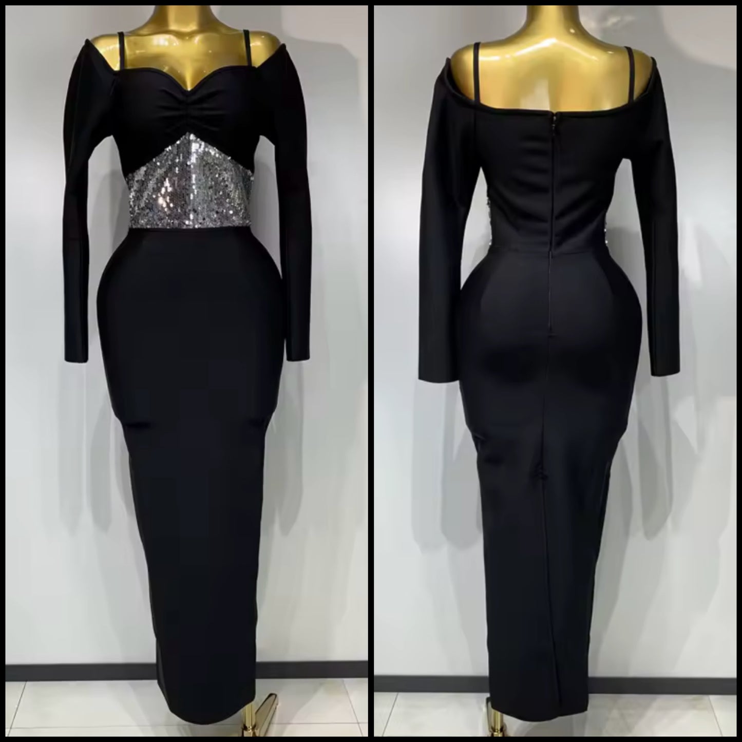 Elegant Black Sequins Patchwork Full Sleeve Maxi Dress