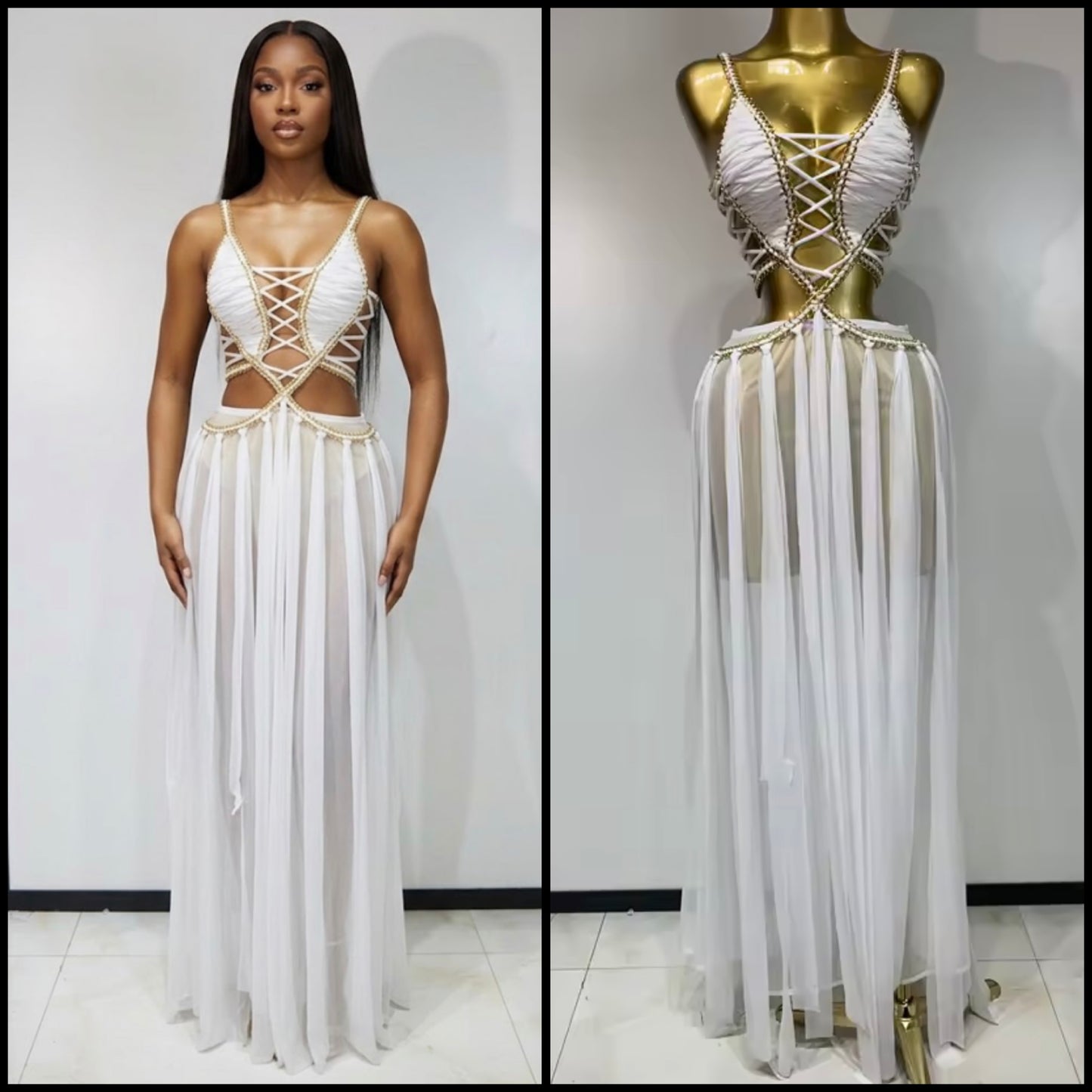 Sexy Sleeveless Chain Lace Up See Through Maxi Dress