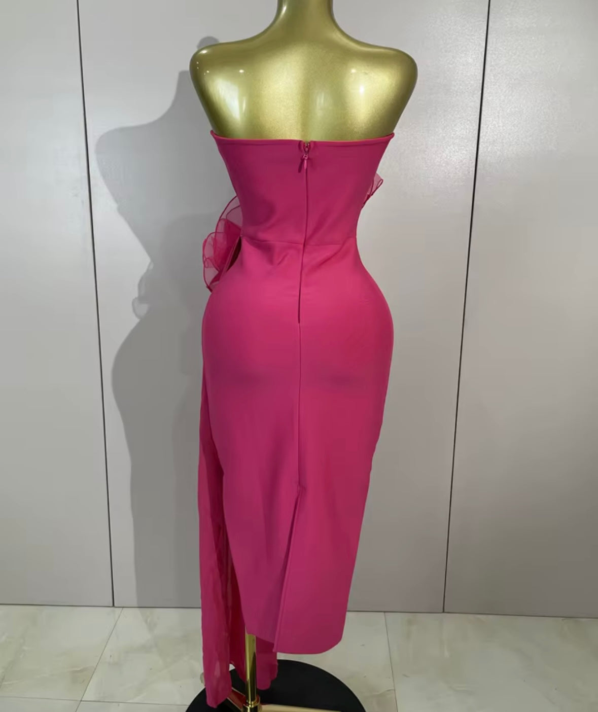 Pink Strapless Crystal Floral Tassel Dress