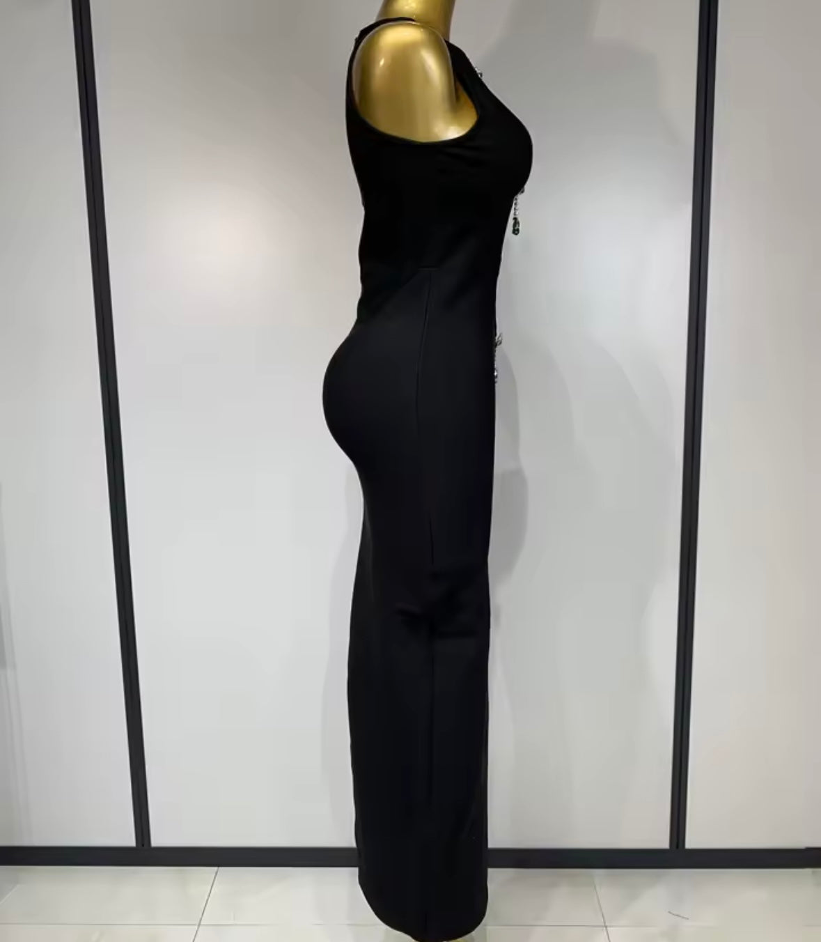 Black Sleeveless Crystal Tassel Hollow Out Maxi Dress