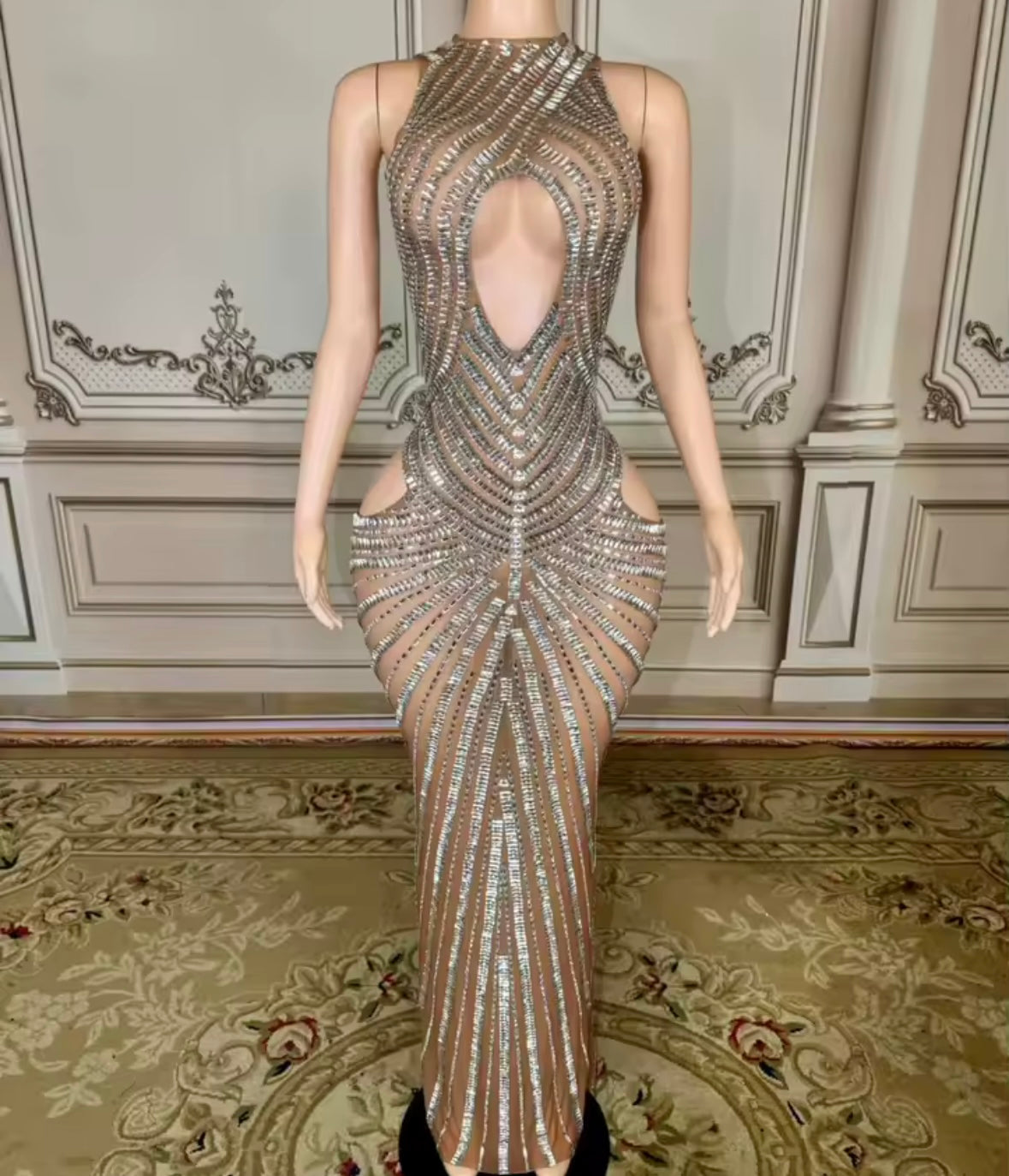 Sexy Halter Sleeveless Hollow Out See Through Rhinestone Maxi Dress