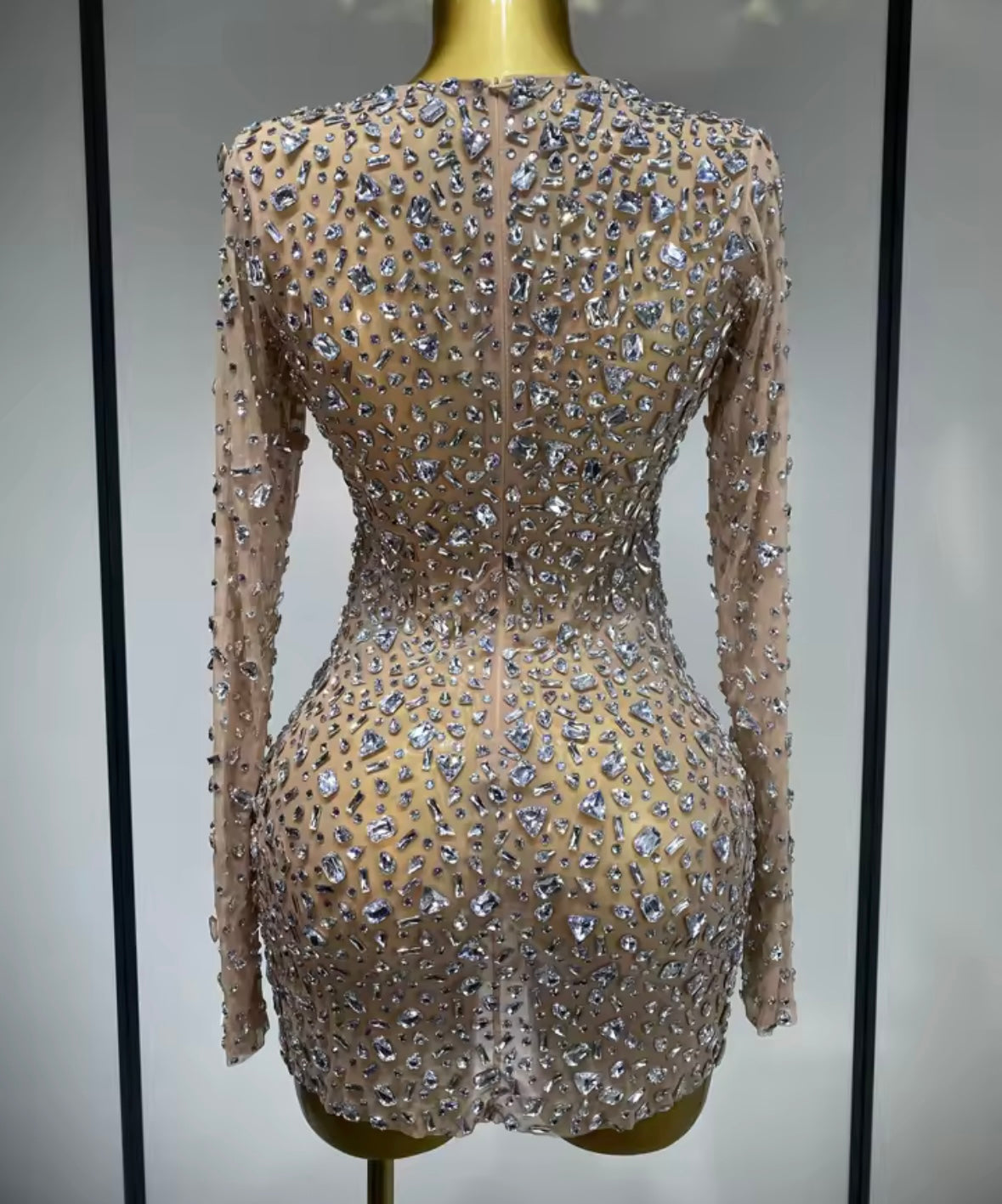 Sexy See Through Crystal Full Sleeve Short Dress