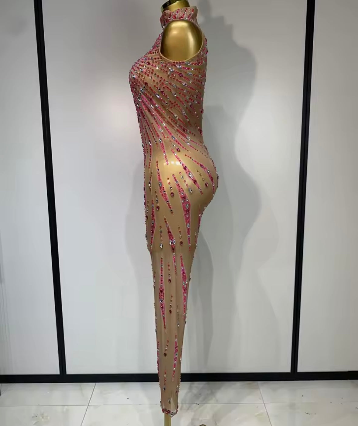 Sleeveless Color Rhinestone Sexy Mesh Jumpsuit