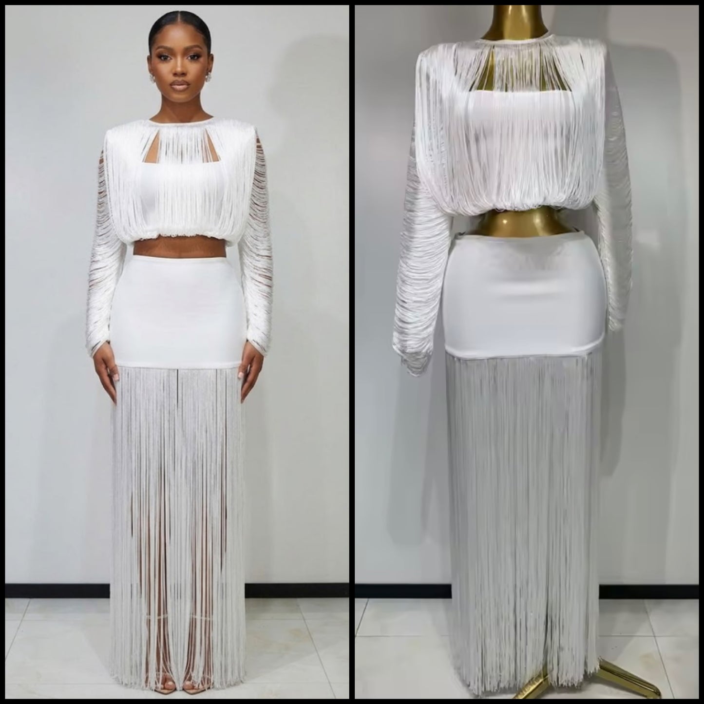 White Sexy Fringe Tassel Full Sleeve Maxi Skirt Set