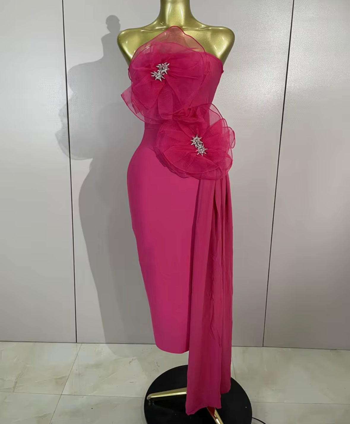 Pink Strapless Crystal Floral Tassel Dress