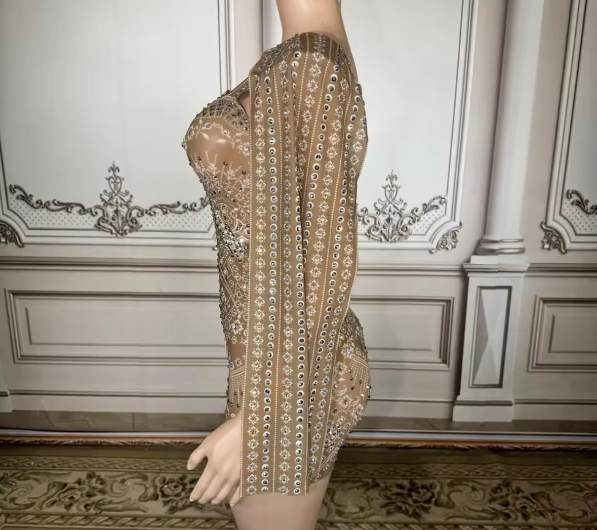 Sexy Printed Rhinestone See Through Short Dress
