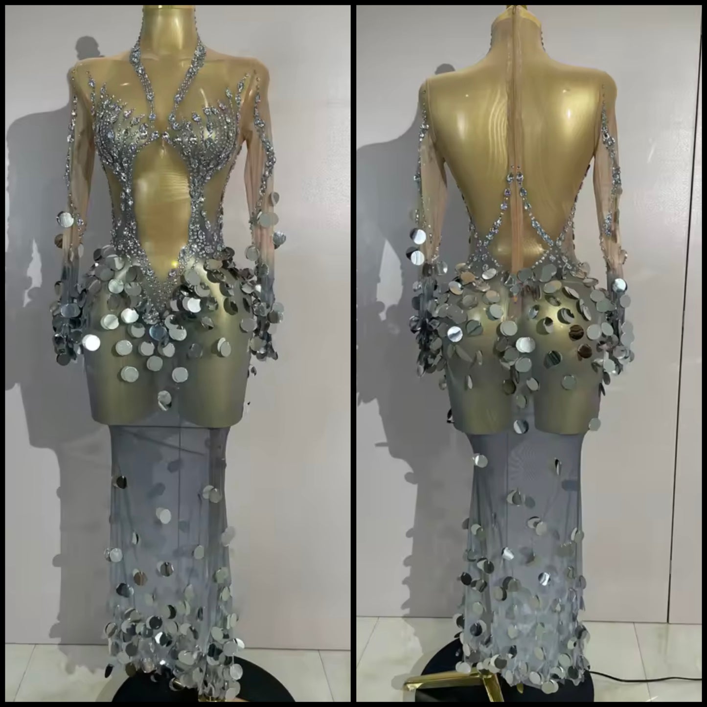 Sexy Sequins Rhinestone Silver Full Sleeve Maxi Dress