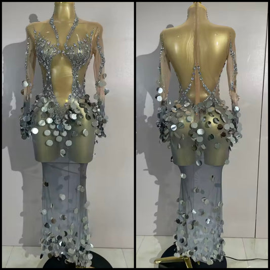 Sexy Sequins Rhinestone Silver Full Sleeve Maxi Dress