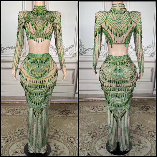 Green Sexy See Through Full Sleeve Rhinestone Tassel Skirt Set