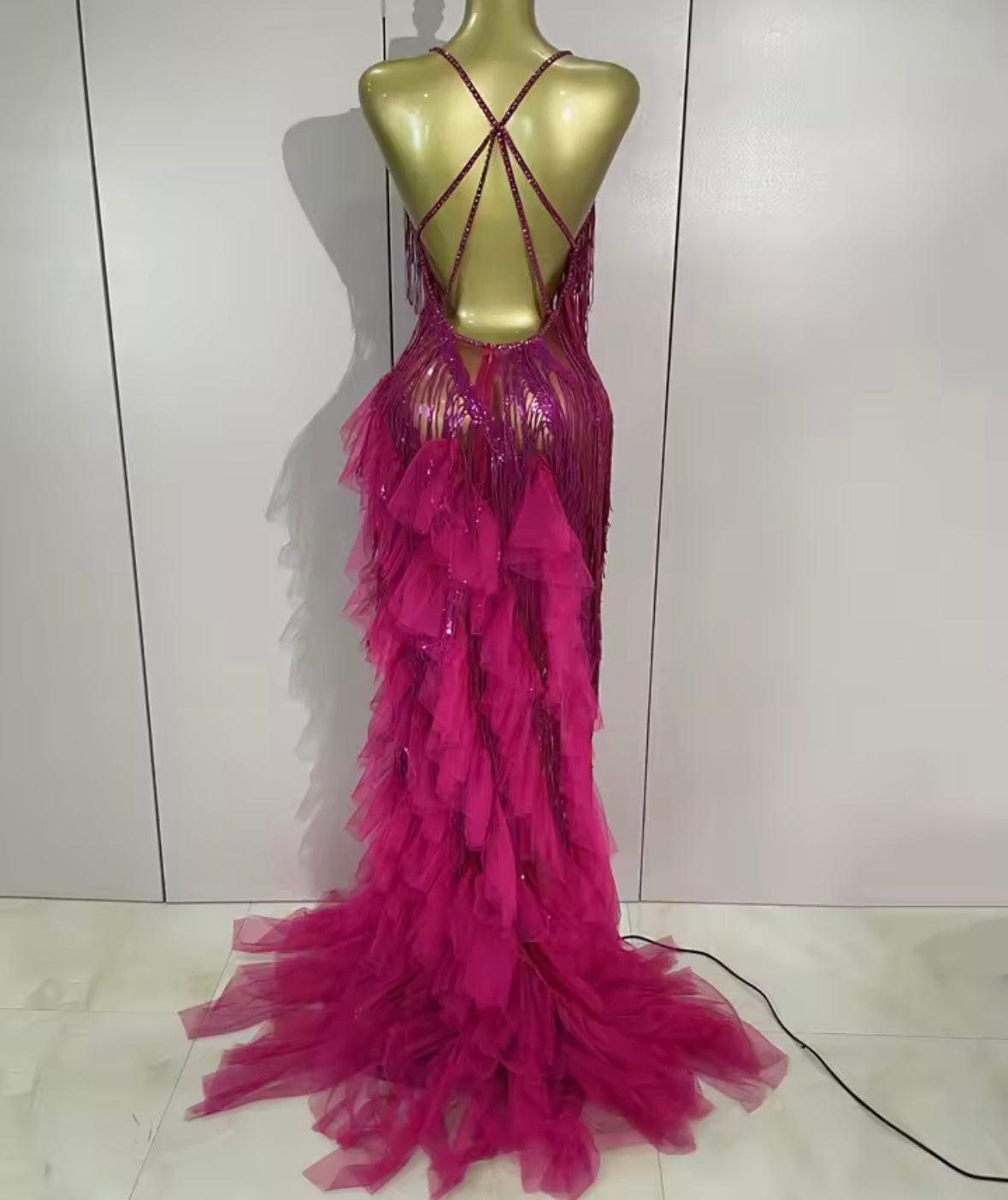 Sexy Sleeveless Open Back Fringe Tassel Rhinestone Maxi Dress