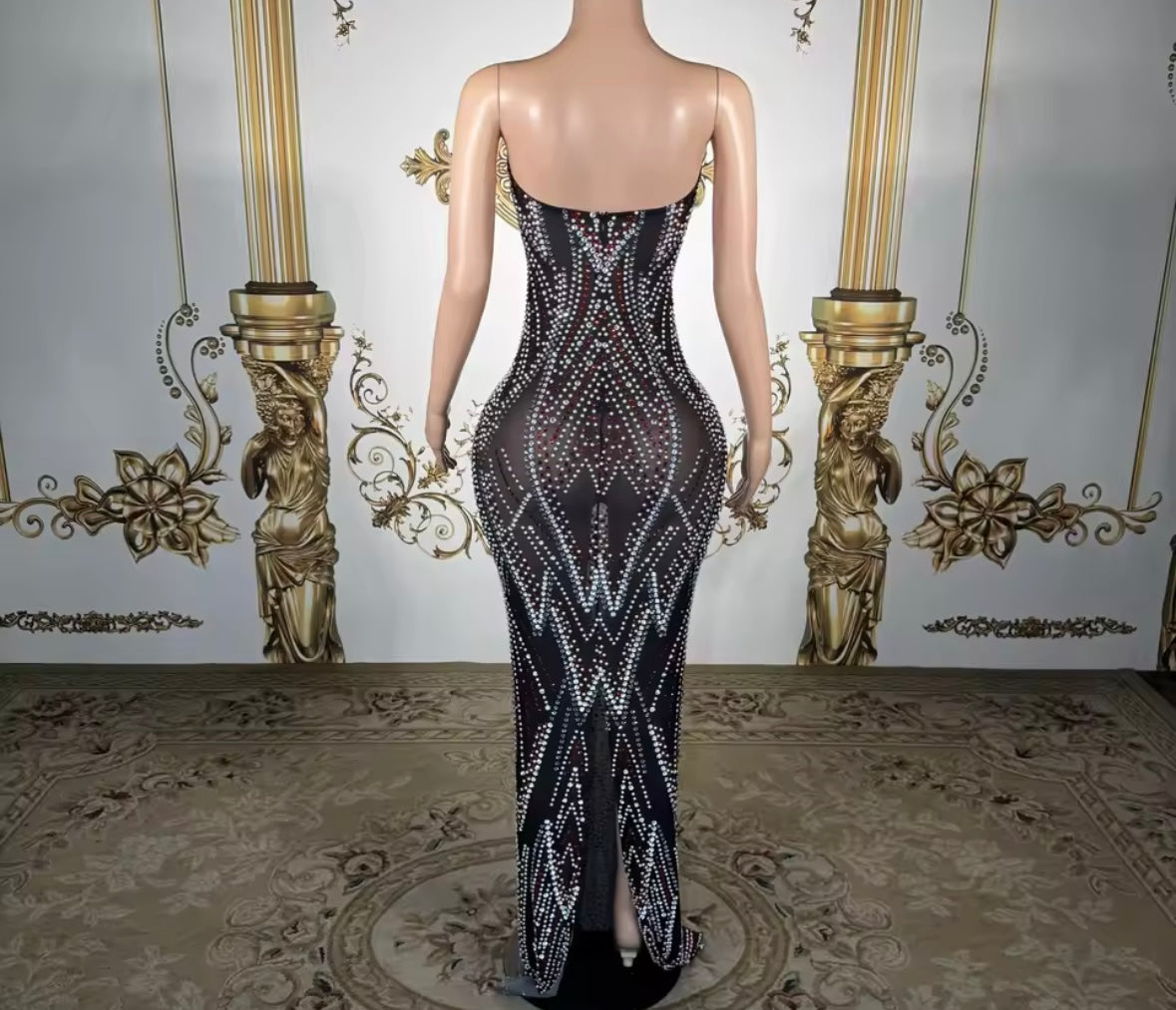 Black Sexy Strapless Rhinestone See Through Maxi Dress