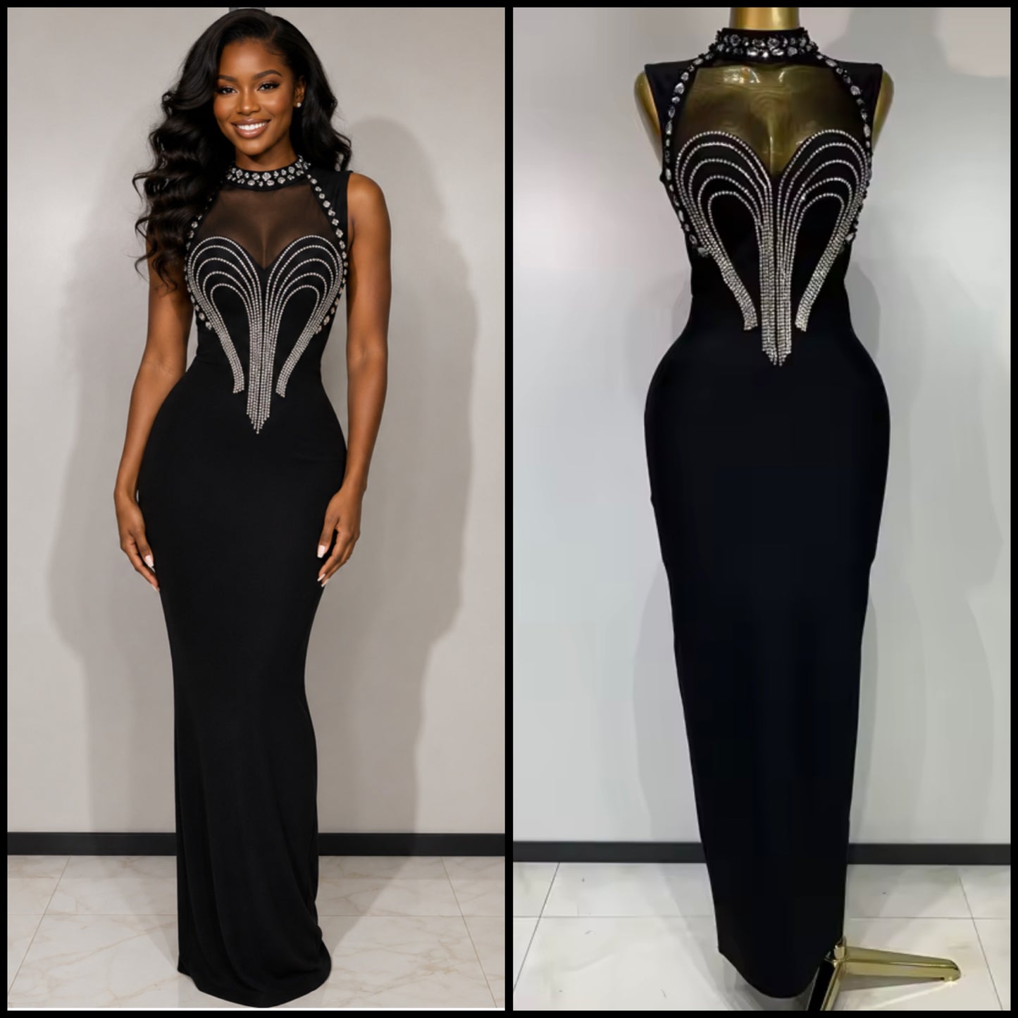 Sexy Black Rhinestone Sleeveless Maxi Dress