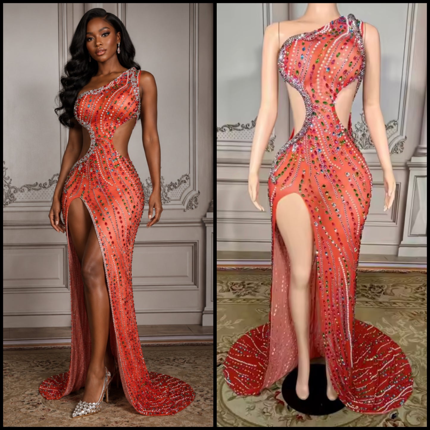 Sexy One Shoulder Sleeveless Rhinestone Side Split Maxi Dress