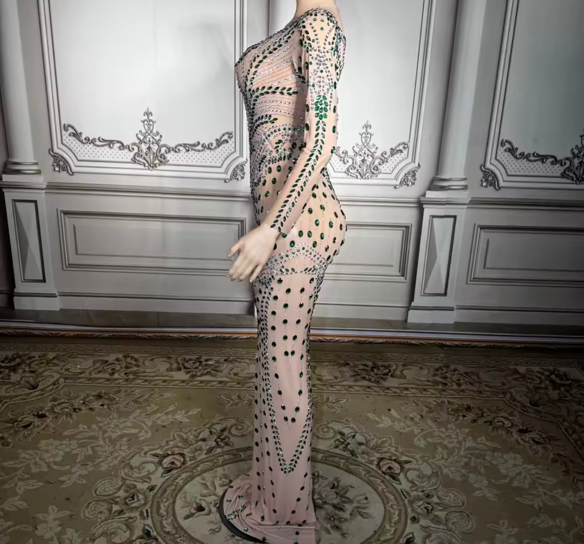 Elegant Rhinestone Embellishment Full Sleeve Floor-Length Dress