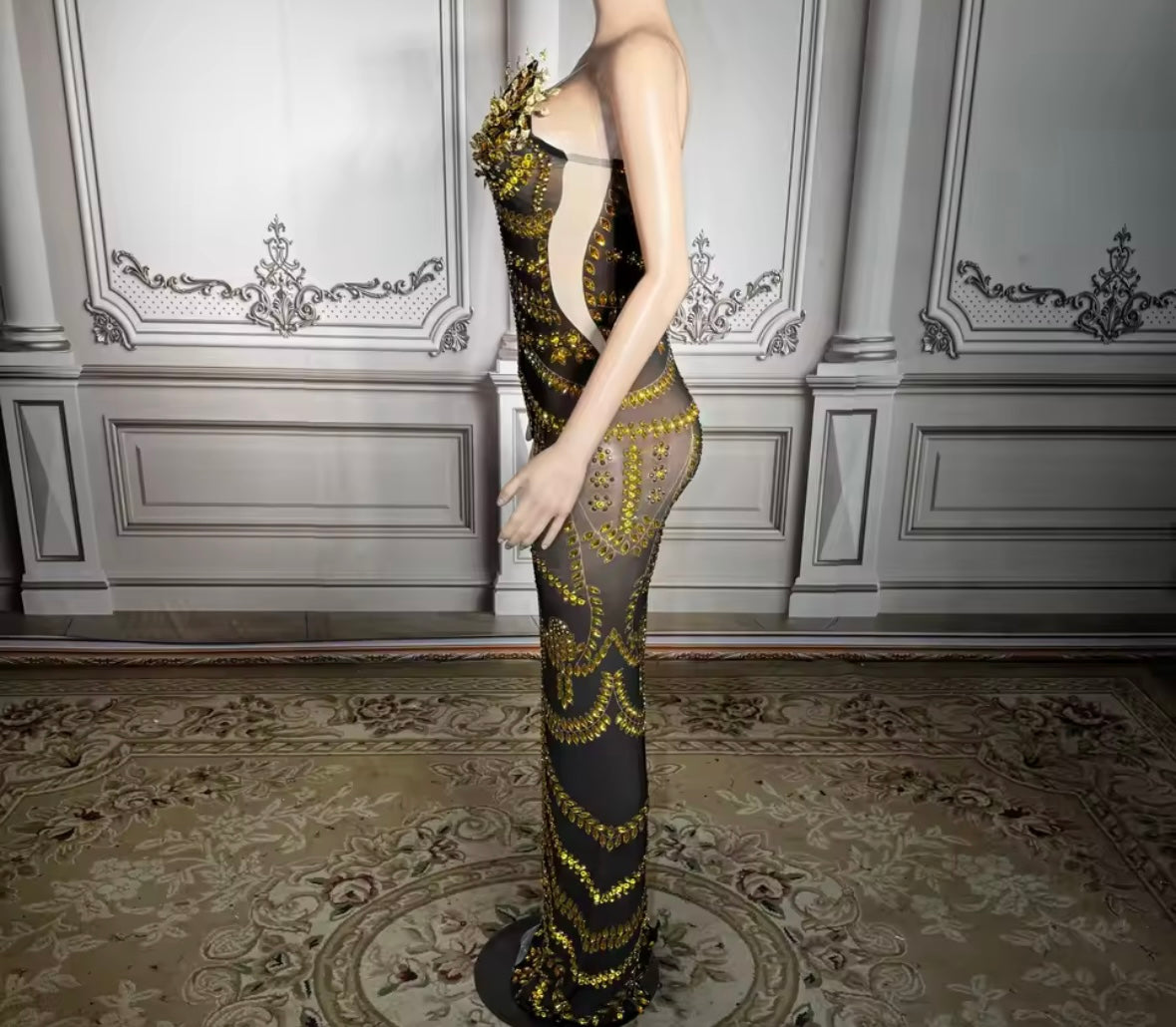 Black Sexy Sleeveless Gold Rhinestone Maxi Dress