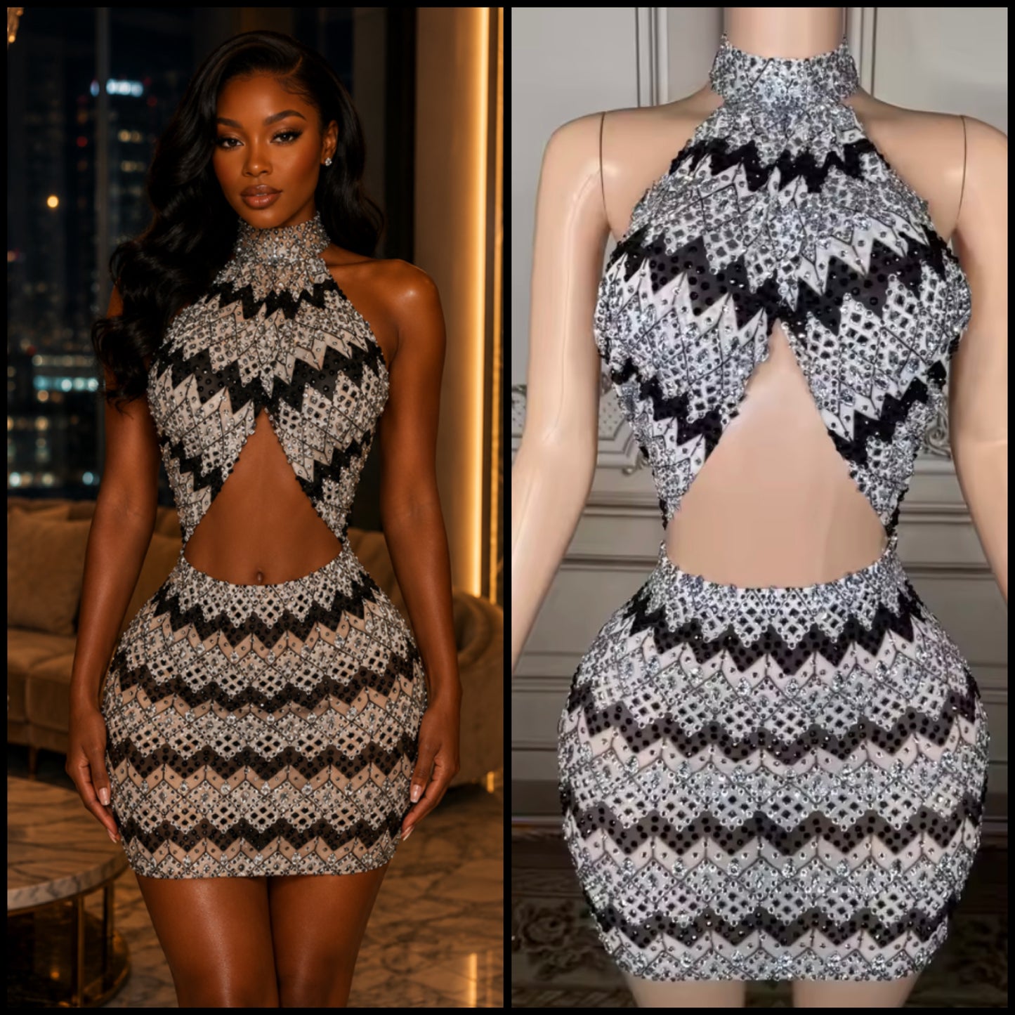 Sexy Halter Sleeveless Rhinestone Striped Short Dress