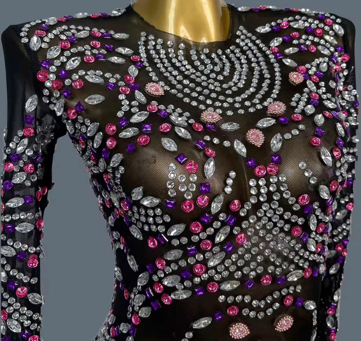 Black See Through Full Sleeve Color Rhinestone Maxi Dress