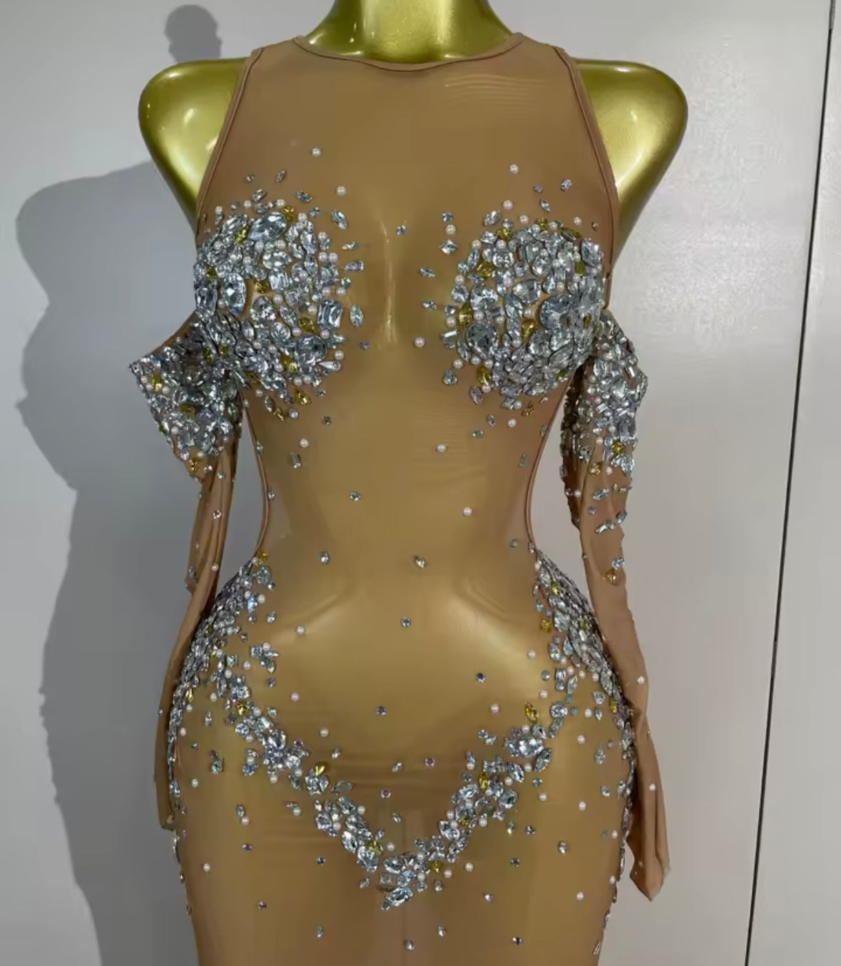 Sexy See Through Rhinestone Embellishment Floor-Length Dress
