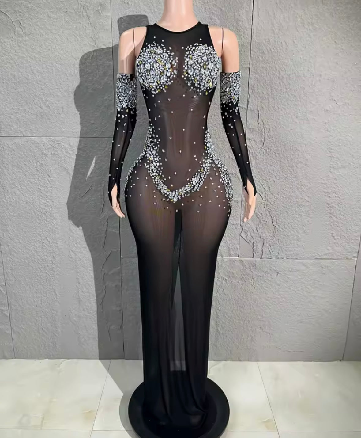 Sexy See Through Rhinestone Embellishment Floor-Length Dress