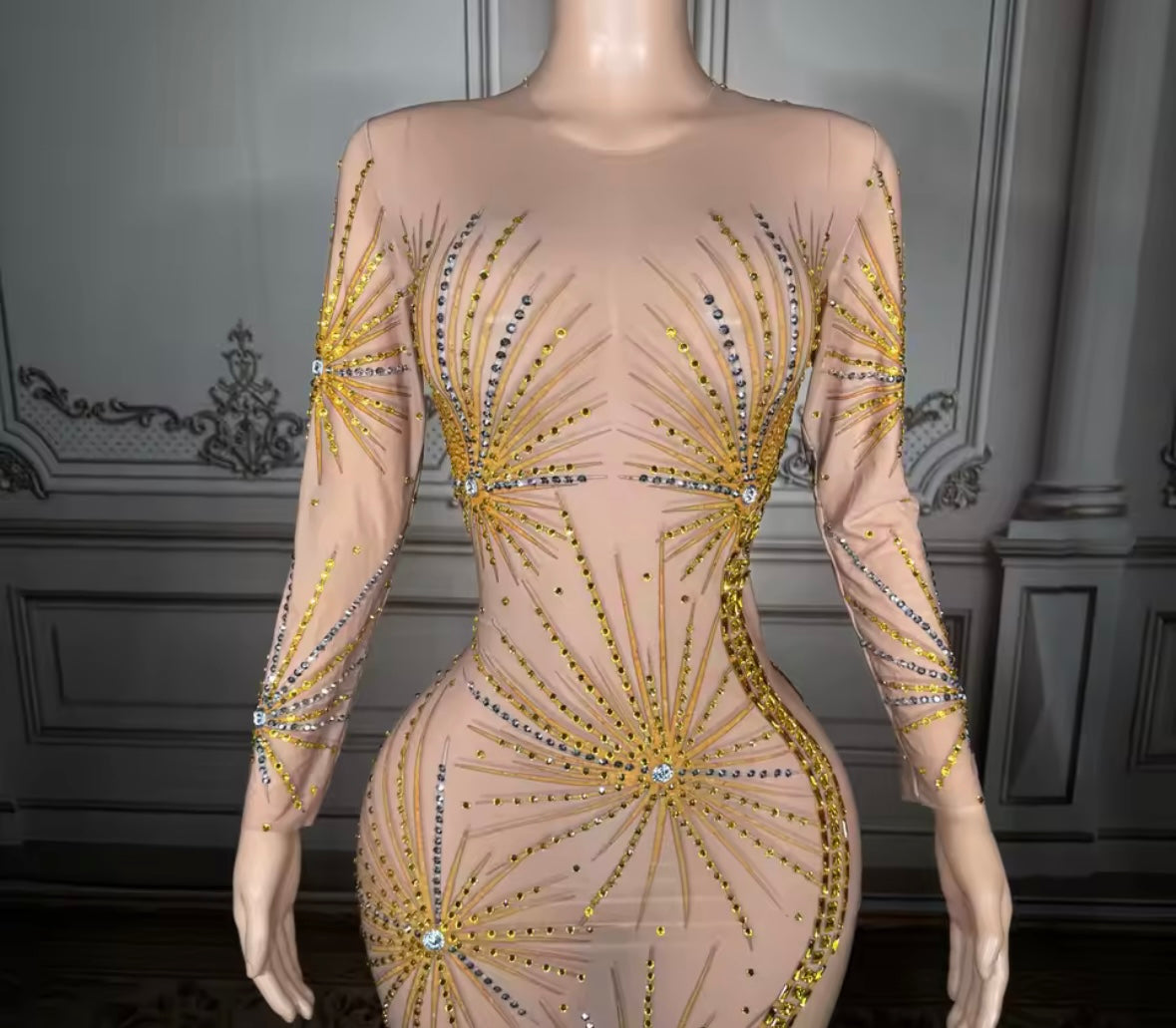 Sexy Rhinestone Embellishment See Through Side Split Maxi Dress