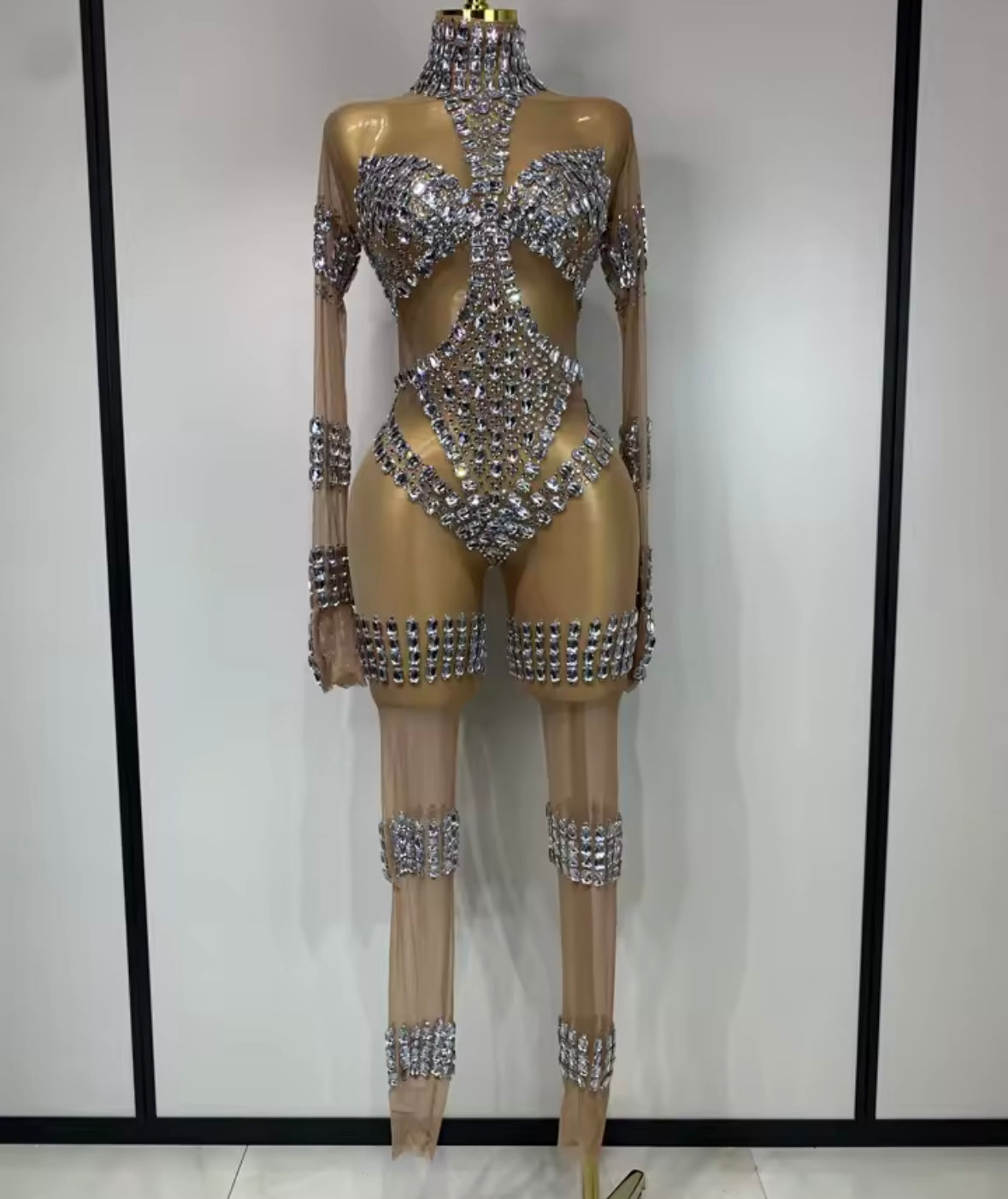 Nude Rhinestone Embellishment Full Sleeve Sexy Jumpsuit