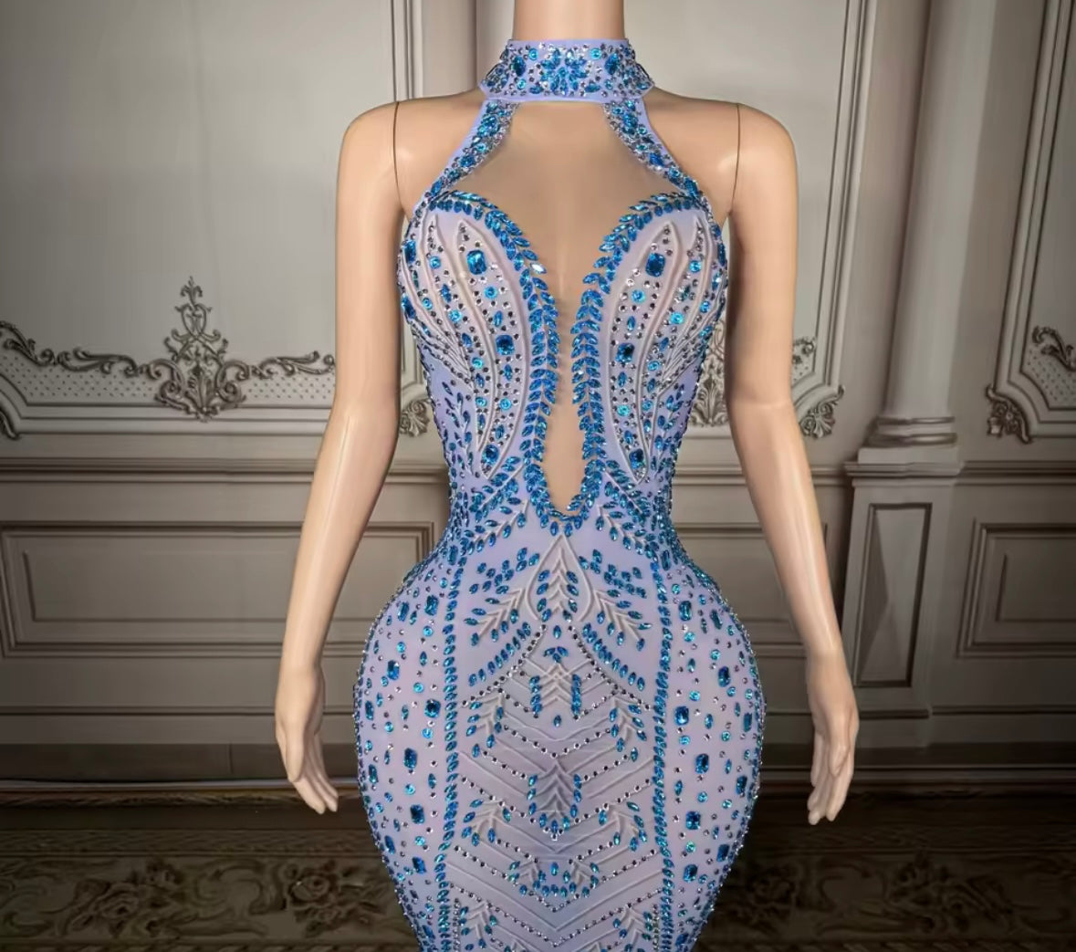Sexy Blue Sleeveless Rhinestone Embellishment Maxi Dress