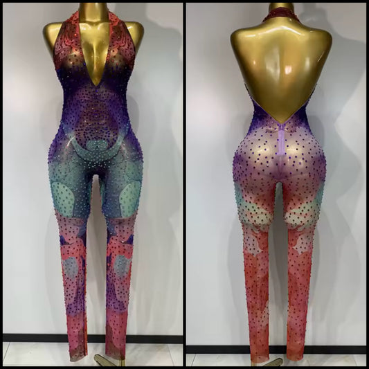 Halter Open Back See Through Colorful Rhinestone Jumpsuit