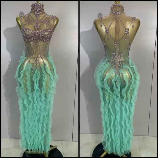 Sexy Sleeveless Rhinestone Ruffle See Through Maxi Dress