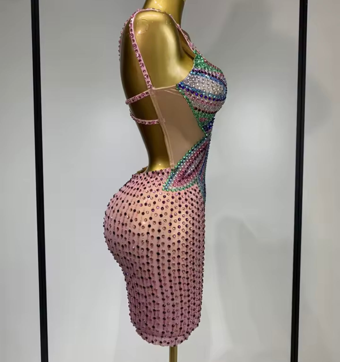 Sexy Sleeveless Multicolored Rhinestone See Through Dress
