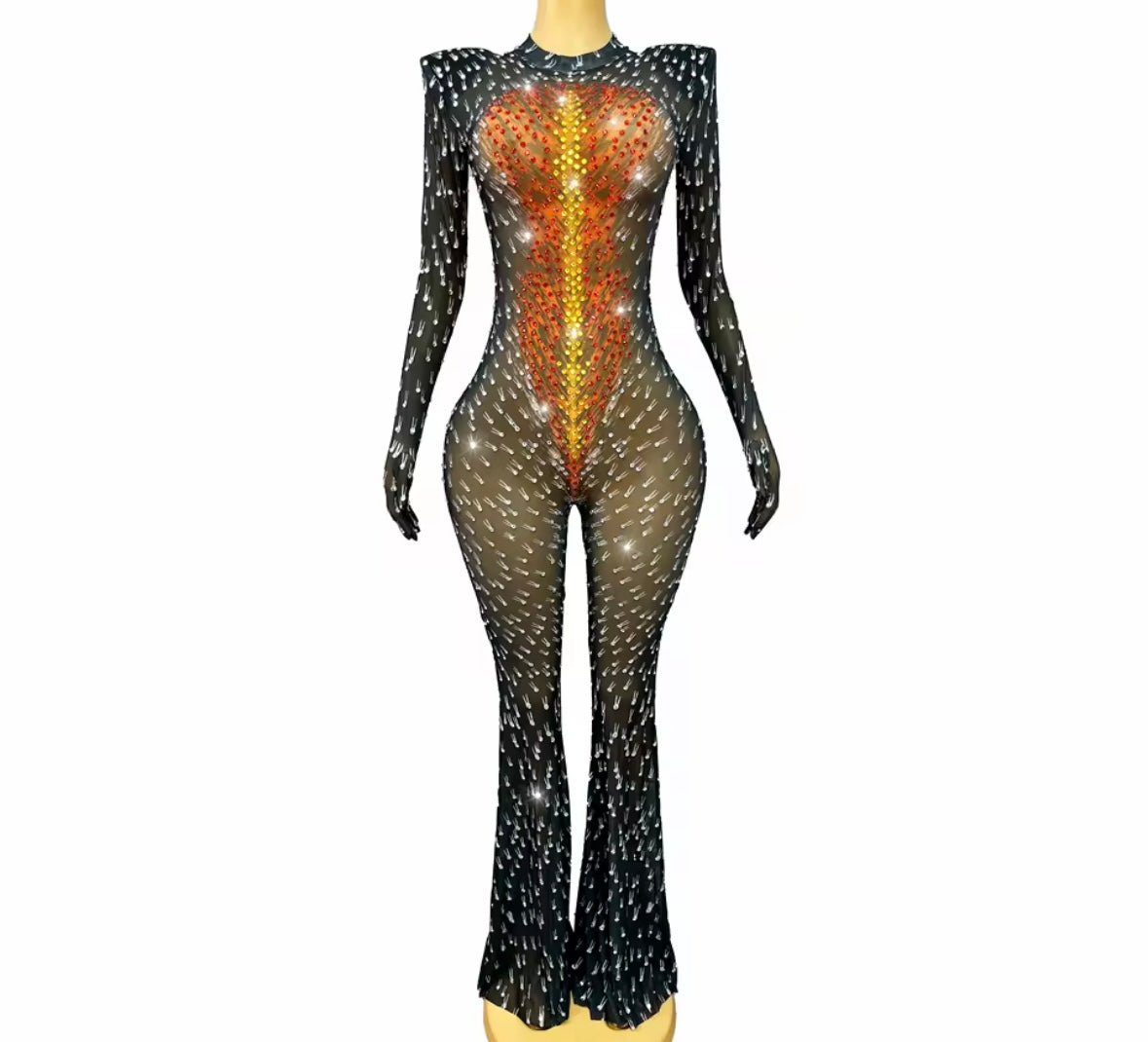 Sexy Rhinestone Glove Full Sleeve See Through Jumpsuit