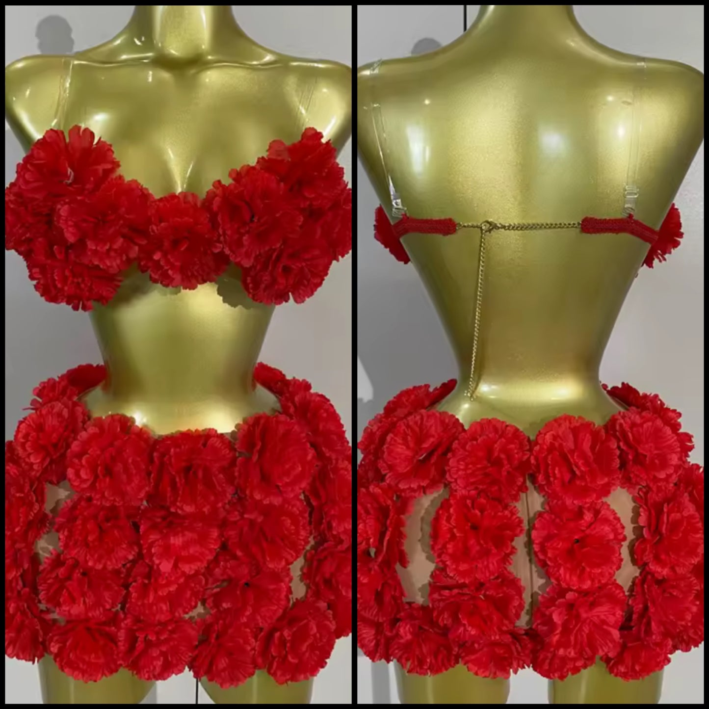 Red Sexy Sleeveless Floral Chain Open Back Skirt Set