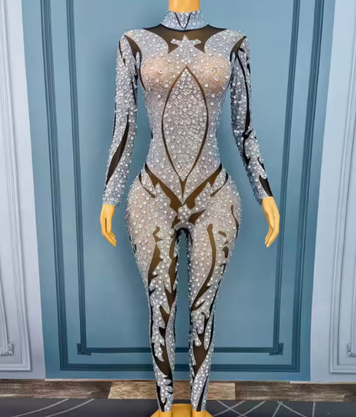 Sexy Rhinestone Embellishment Full Sleeve Jumpsuit