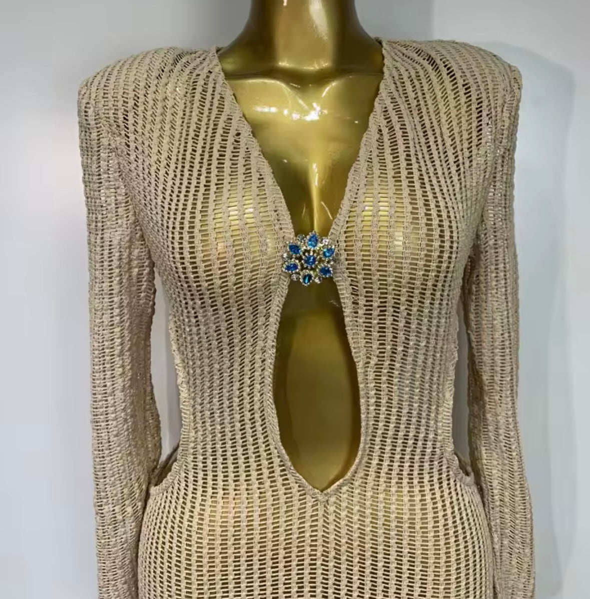 Gold Hollow Out Full Sleeve Sexy Floor-Length Dress
