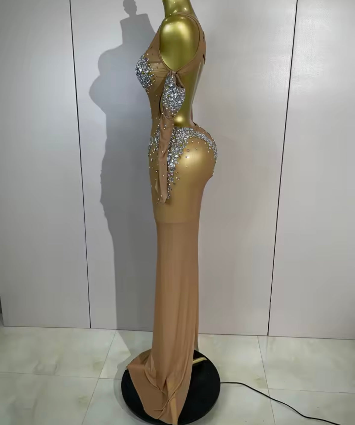 Sexy See Through Rhinestone Embellishment Floor-Length Dress