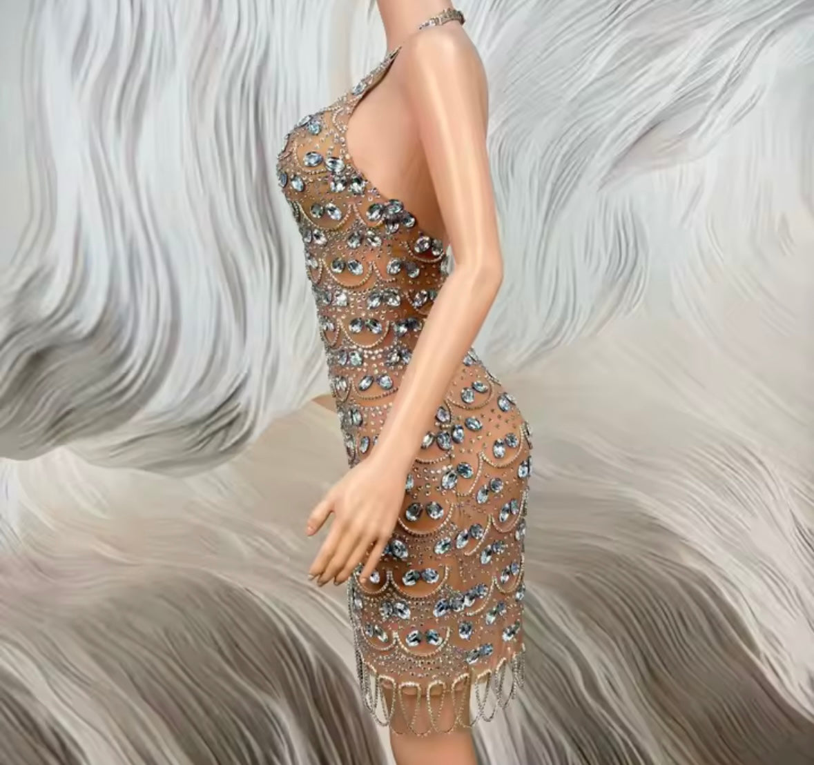 Sexy Halter Sleeveless Rhinestone Tassel Asymmetrical Dress