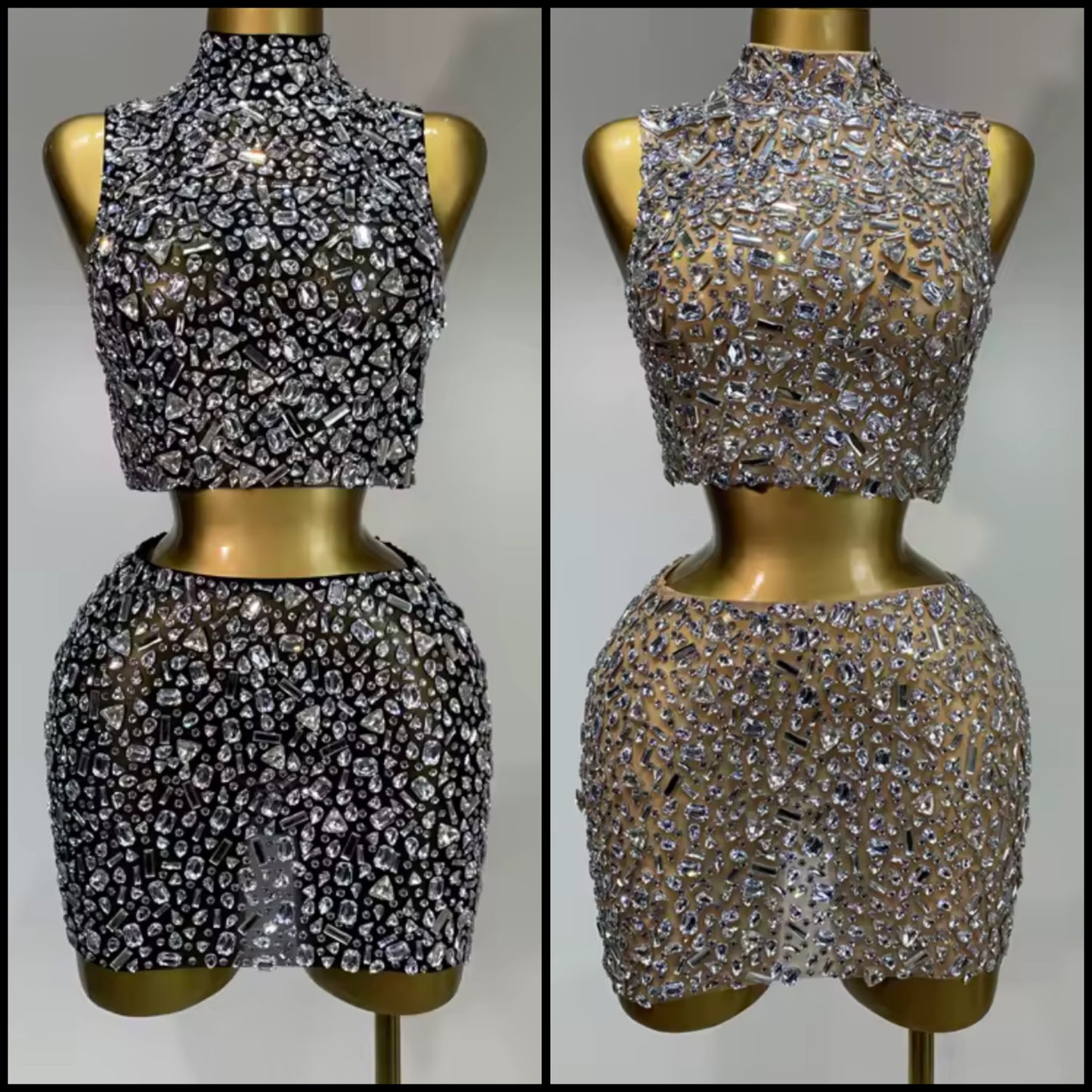 Sexy Sleeveless Chain Open Back Rhinestone Skirt Set