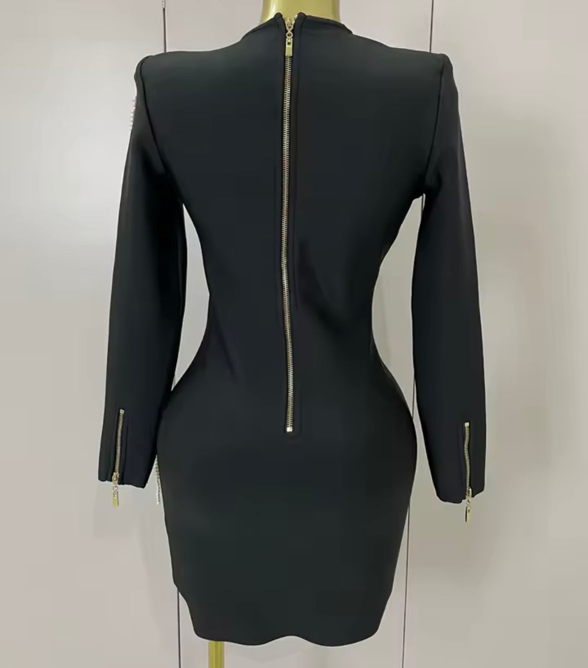 Elegant Black Pearl Rhinestone Full Sleeve Dress