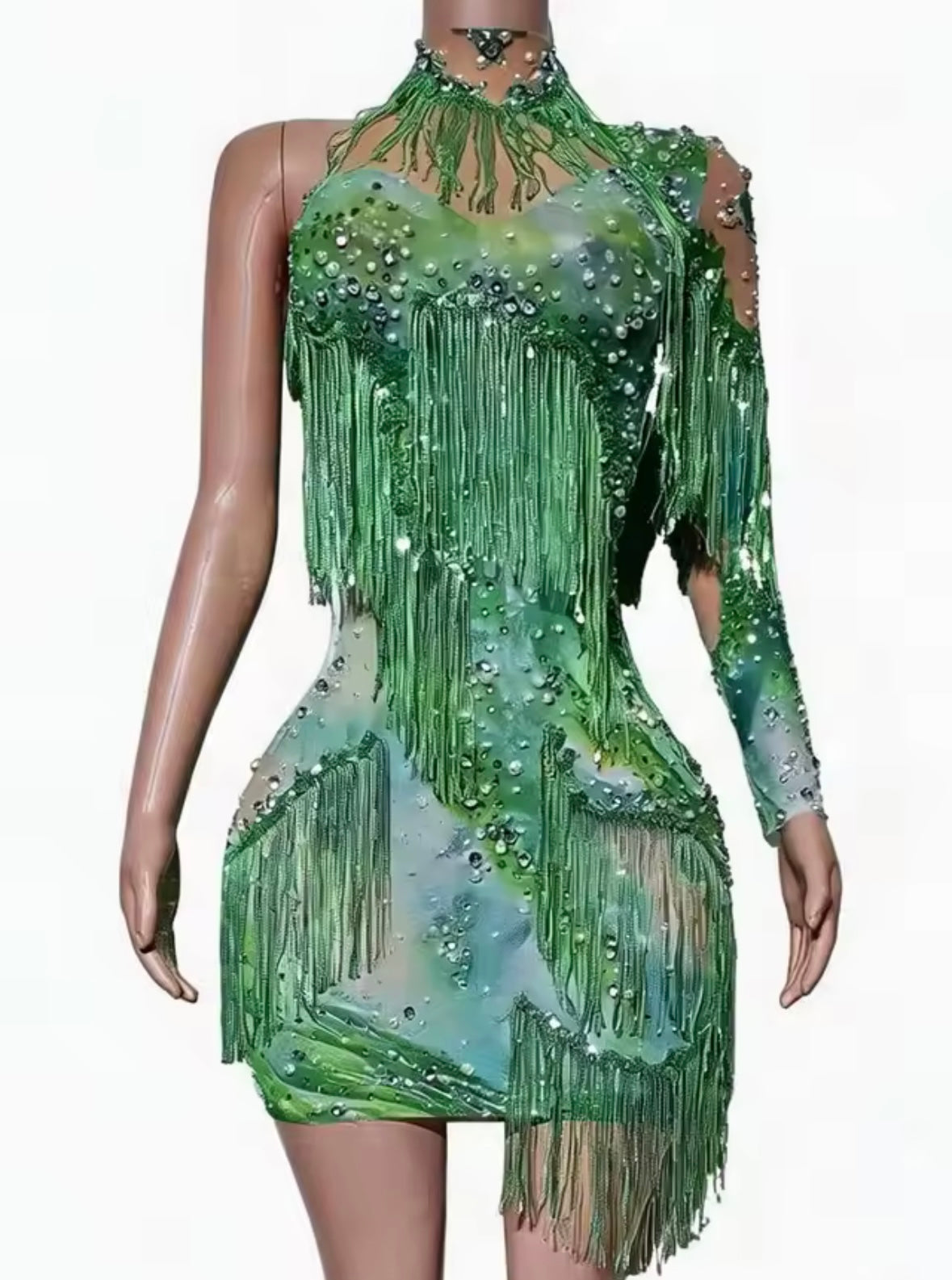 Green One Shoulder Printed Fringe Tassel Sexy Dress