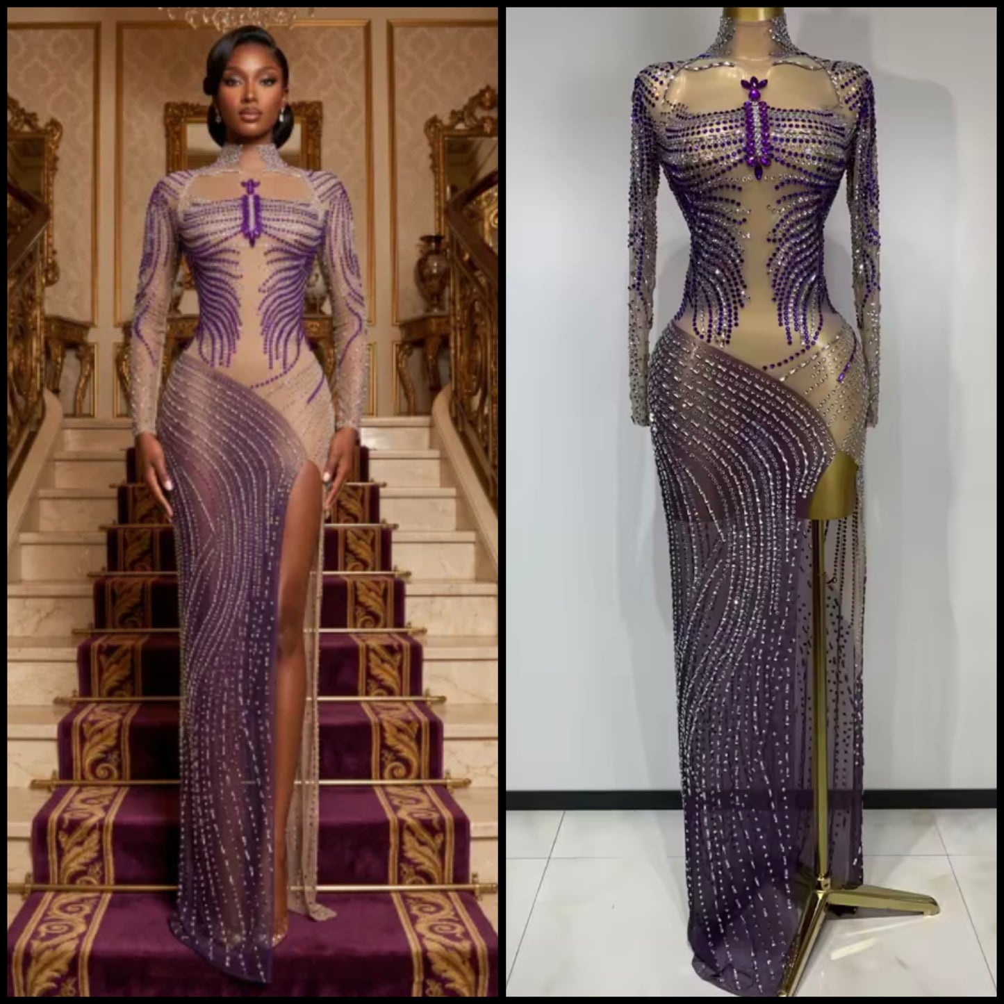 Sexy Color Rhinestone Full Sleeve Side Split Floor-Length Dress