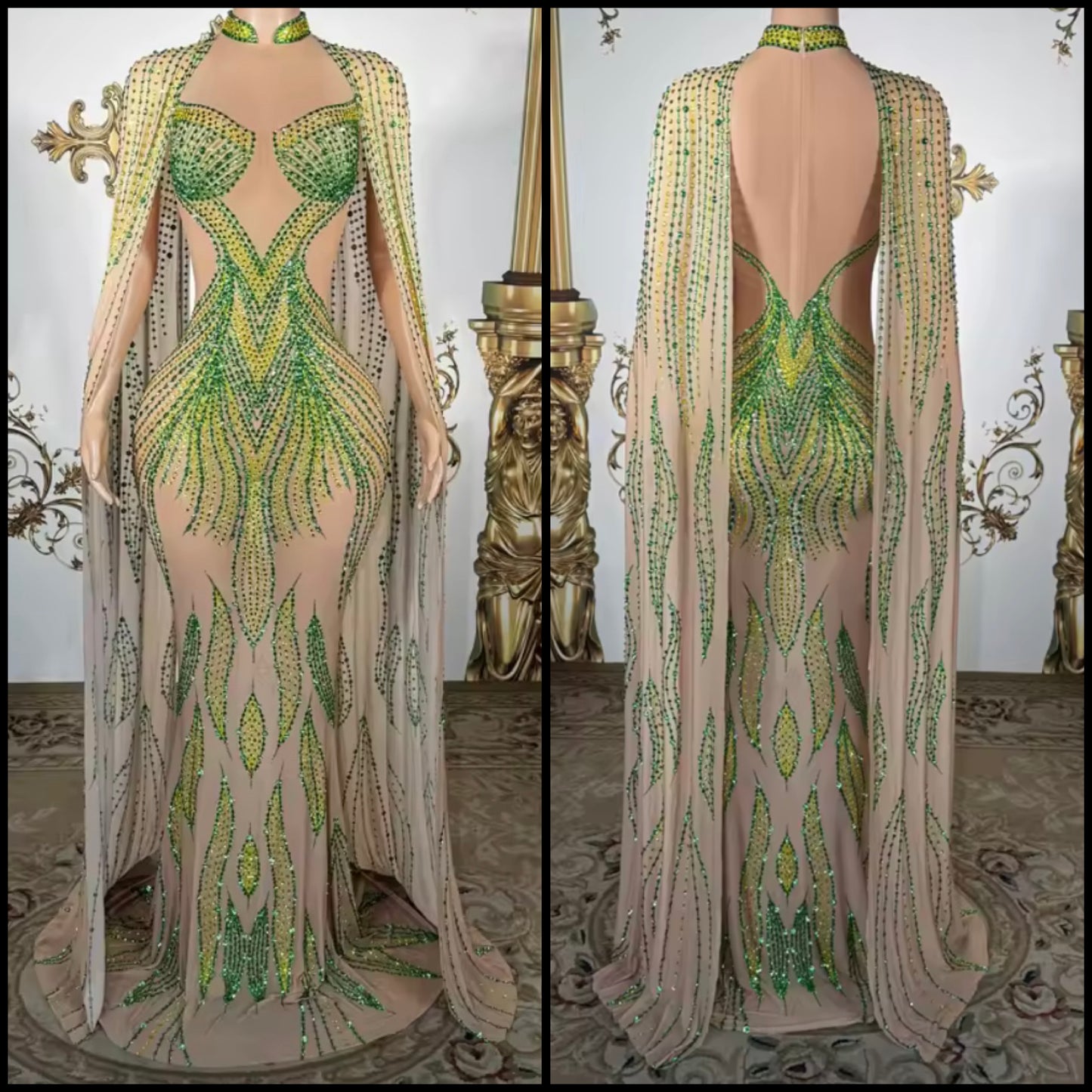 Sexy See Through Rhinestone Flare Sleeve Mermaid Dress