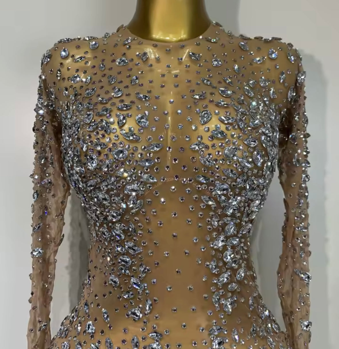Sexy See Through Rhinestone Full Sleeve Long Dress