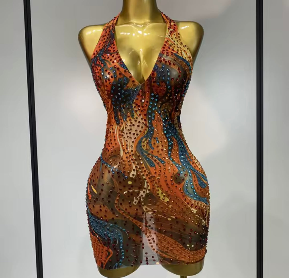 Sexy Halter Sleeveless Multicolored Rhinestone Dress