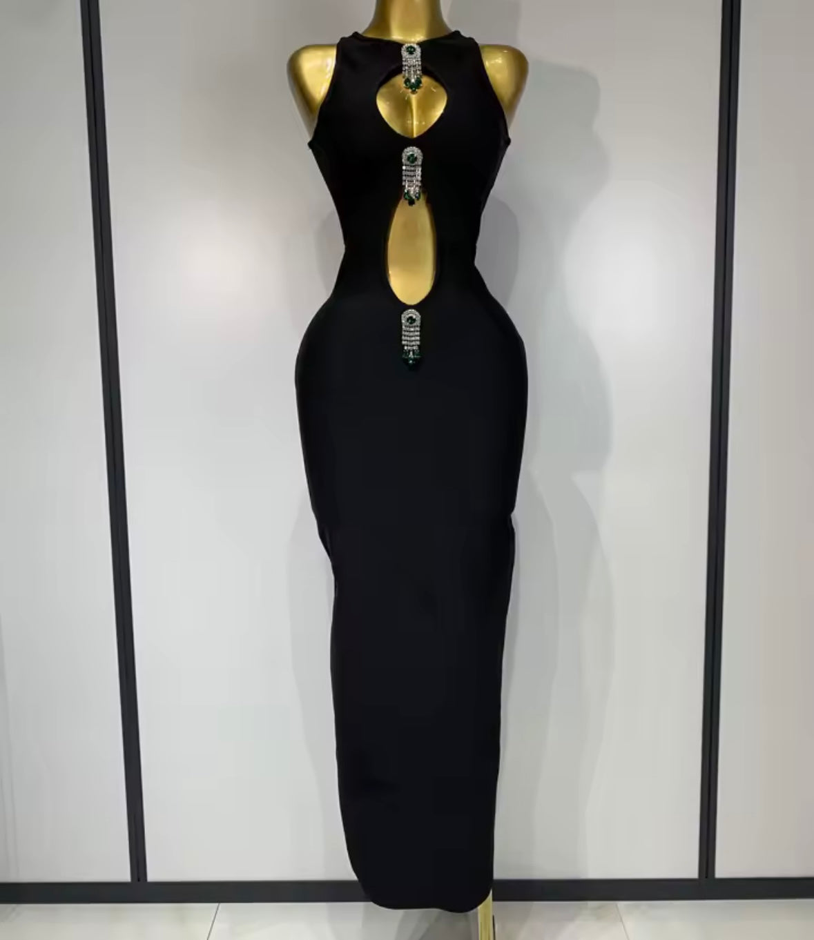 Black Sleeveless Crystal Tassel Hollow Out Maxi Dress
